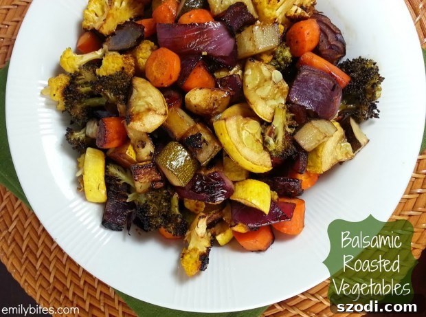 Close-up of golden brown Balsamic Roasted Vegetables, ready to eat