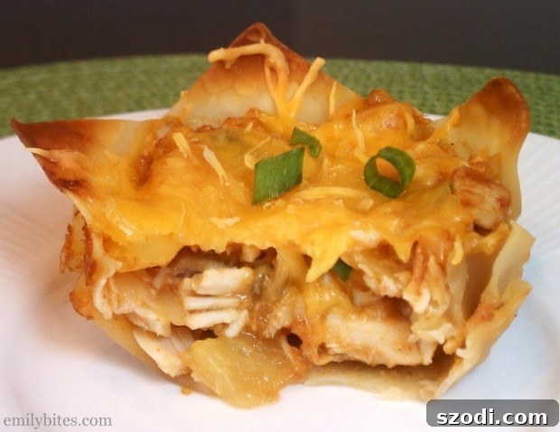 A close-up view of the savory Hawaiian BBQ Chicken Wonton Cupcakes