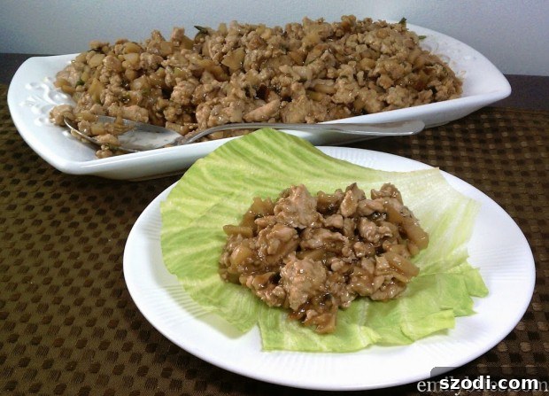 Close-up of the savory chicken filling for Asian lettuce wraps