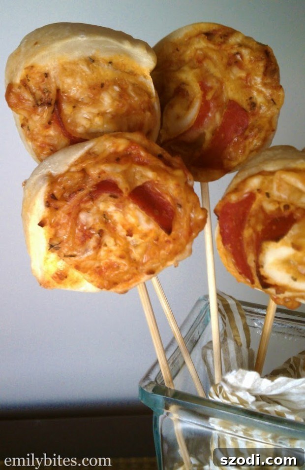Pizza Pops 2 Delicious pizza on a stick, garnished and ready to eat