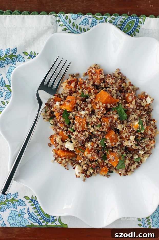 Butternut Squash Quinoa Salad in a mixing bowl before dressing is added