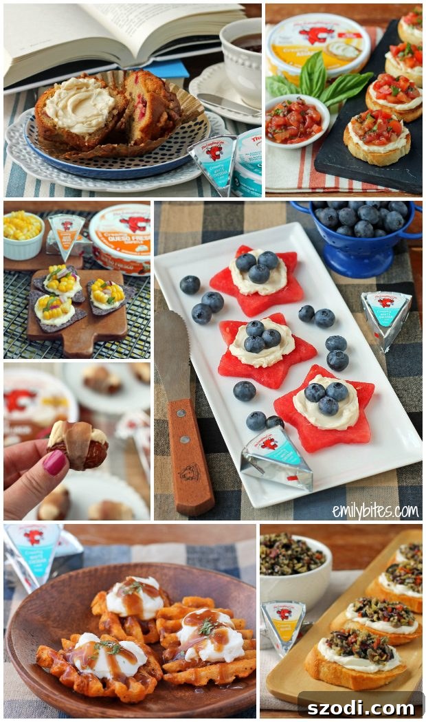 A collage showcasing various creative snack ideas made with The Laughing Cow cheese, encouraging readers to #ReinventSnacking.