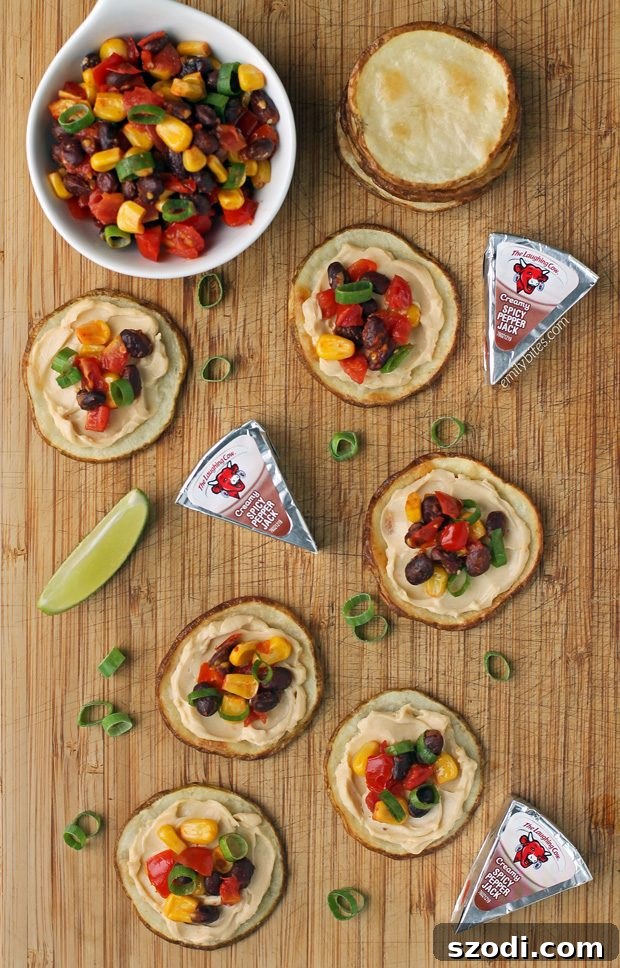 Another enticing shot of Fiesta Potato Rounds, perfectly prepared and arranged, ready to be served as a vibrant snack or appetizer.