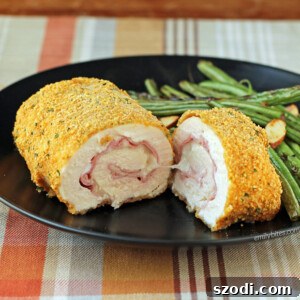 Crispy Chicken Cordon Bleu with cornflake crumbs