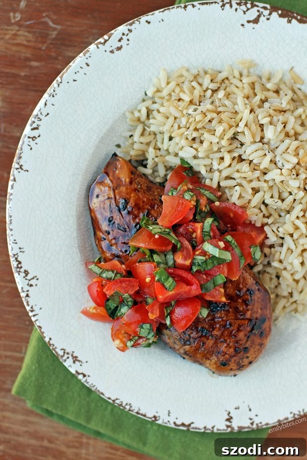 Bruschetta Topped Balsamic Chicken Served with Sides