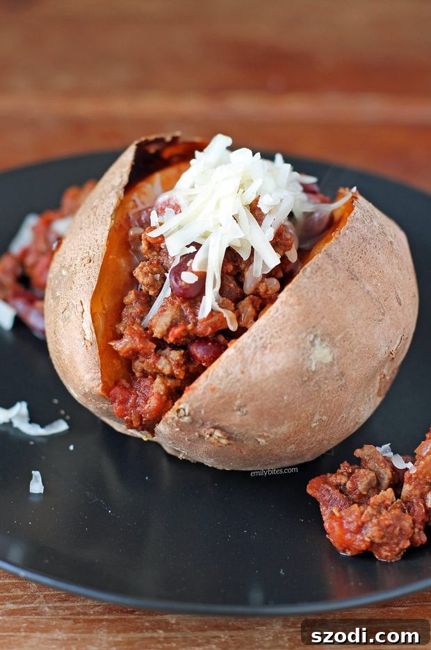Chili Cheese Stuffed Sweet Potatoes - close up of a stuffed potato