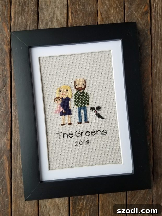 Framed Stitch People family portrait for home decor