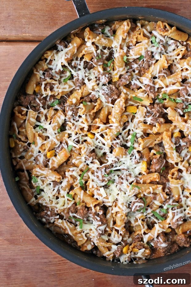 Favorite Pasta: Beef Enchilada Pasta Skillet, a fusion dish that won reader's hearts for best healthy pasta.