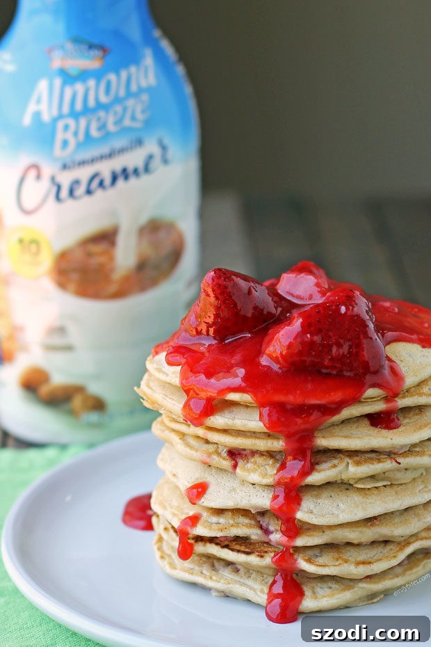 Strawberry Almond Cream Pancakes stack