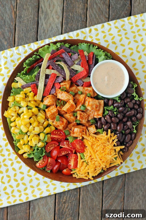 Overhead view of Barbecue Ranch Chicken Salad, showcasing its vibrant ingredients