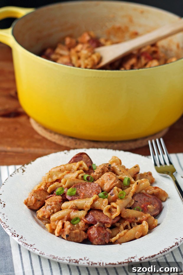 One-Pot Cajun Chicken and Sausage Pasta on a plate, ready to be enjoyed.