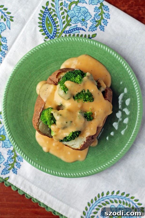 Broccoli Cheddar Stuffed Baked Potatoes overhead view