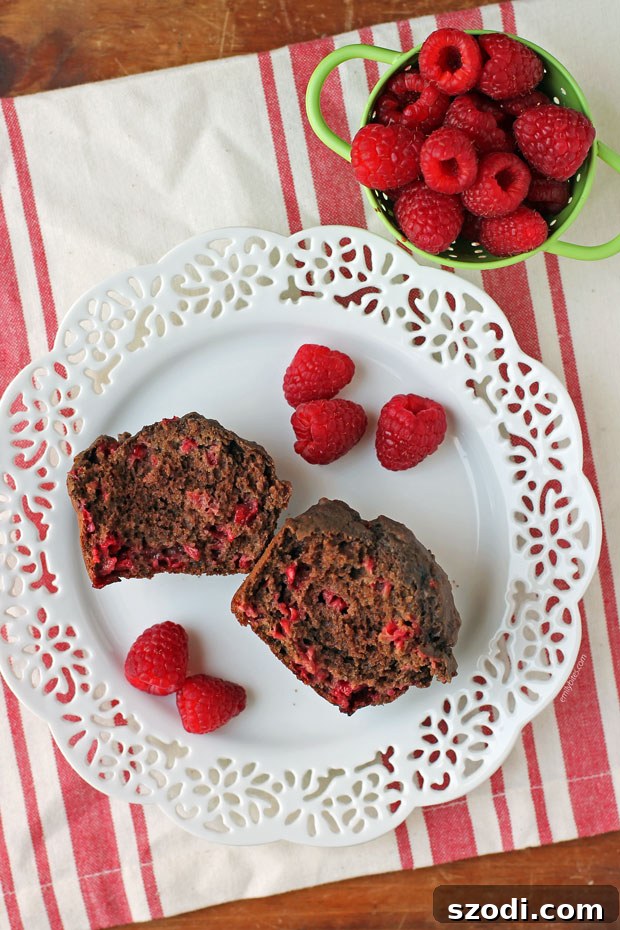 A delectable Chocolate Raspberry Muffin, artfully broken open to reveal its moist interior and luscious raspberry filling.