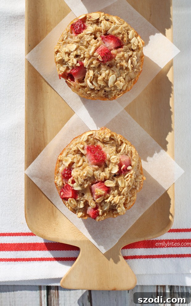 Grab-and-Go Strawberry Banana Oatmeal Cups 4 Stacked Strawberry Banana Baked Oatmeal Singles