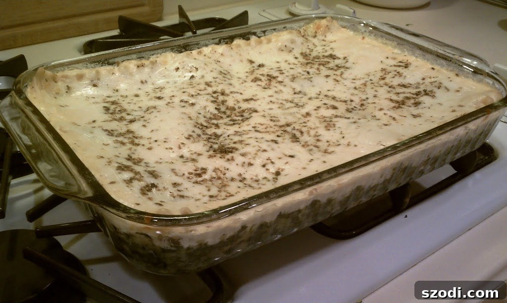 Creamy Veggie Lasagna 3 Full White Vegetable Lasagna dish after baking