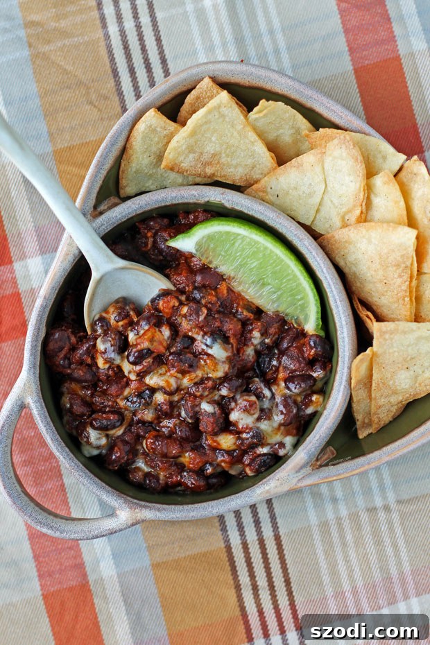 Bold Spicy Black Bean and Cheese Skillet 3 Cheesy Spicy Black Beans served in a rustic bowl with crunchy tortilla chips