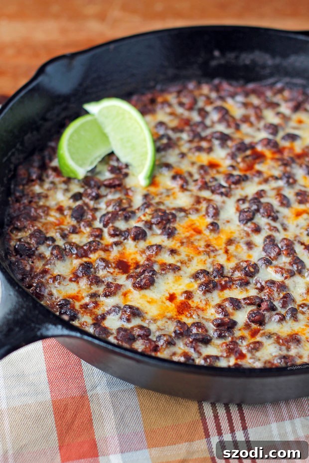 Bold Spicy Black Bean and Cheese Skillet 4 Close-up of Cheesy Spicy Black Bean Skillet, rich and bubbly