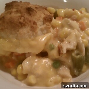 Close-up of golden brown Biscuits on Chicken Casserole