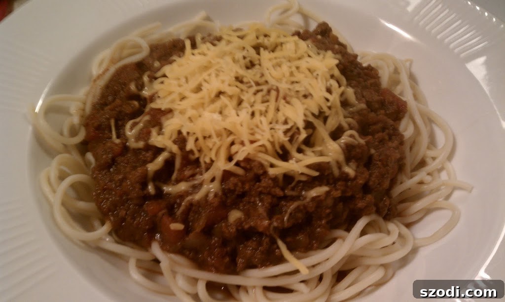 Classic Cincinnati Chili served over spaghetti with shredded cheddar cheese