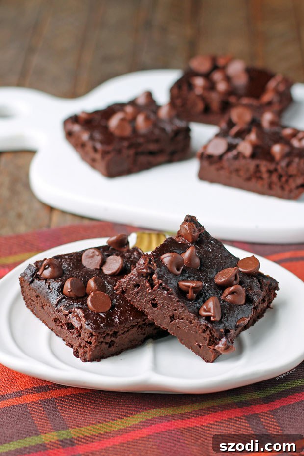 A plate of two fudgy pumpkin chocolate brownies, one with a bite taken out, showcasing a rich, moist texture and chocolate chips.