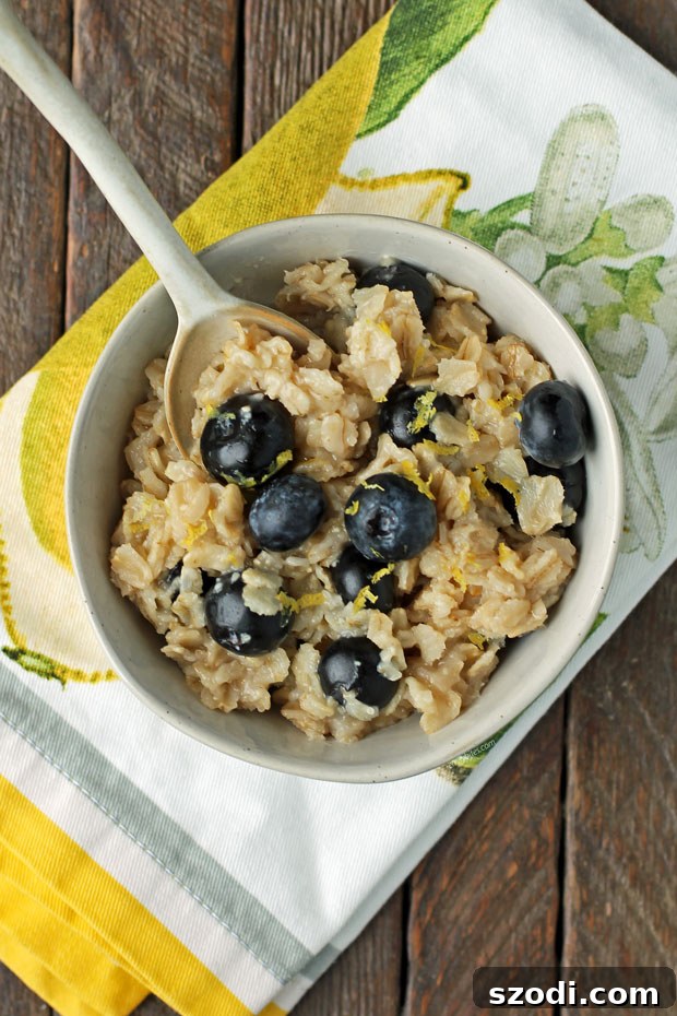 Lemon Blueberry Oatmeal on a spoon