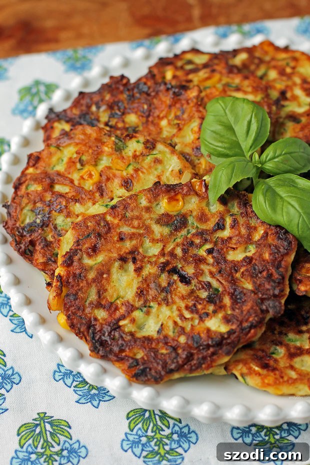 Close-up of golden brown Zucchini Corn Fritters on a platter, garnished with fresh herbs.