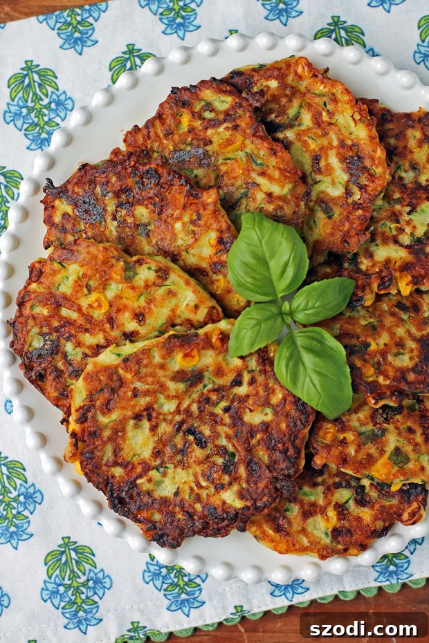 Overhead shot of Zucchini Corn Fritters artfully arranged on a white platter, highlighting their golden-brown crust.