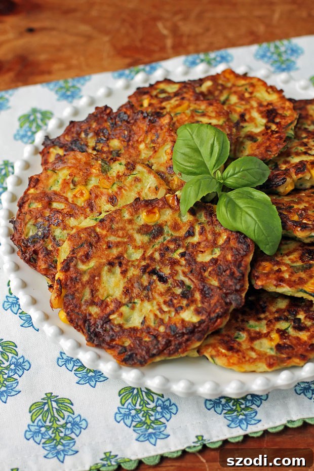 Three Zucchini Corn Fritters resting on a white platter, ready to be served, showcasing their perfect shape and texture.