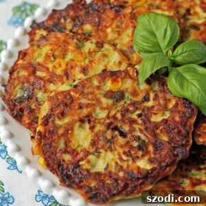 Close-up image of a cooked Zucchini Corn Fritter, showing its texture and golden brown color.