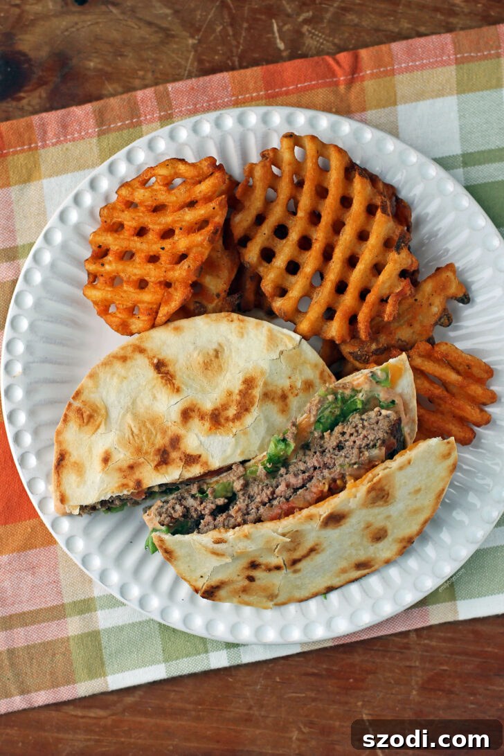 Quesaburger 5 Quesadilla Burger with fries on a plate