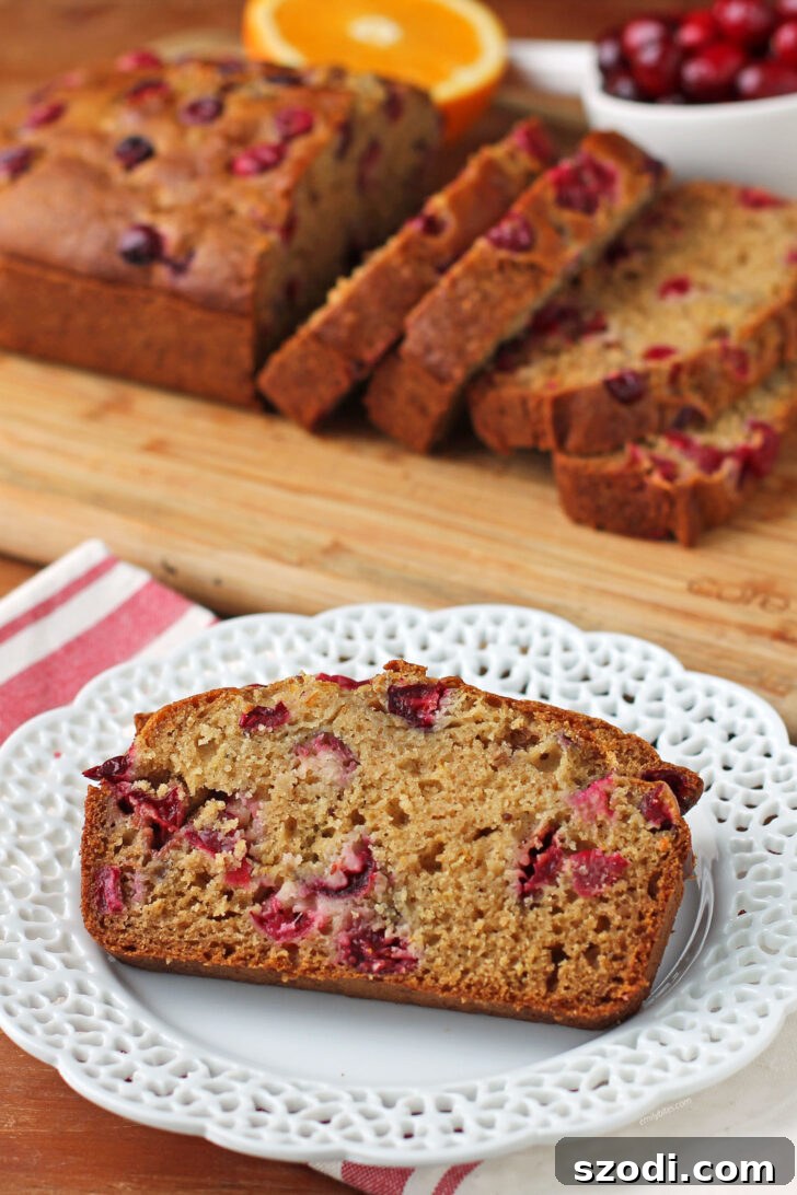A slice of freshly baked Orange Cranberry Bread on a white plate, showcasing the cranberries and moist texture.