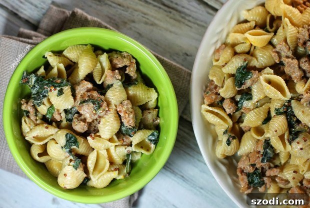 Finished plate of Creamy Pasta with Sausage and Mustard Seeds