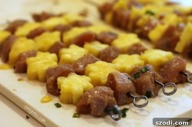 Uncooked Hawaiian Chicken Skewers ready for the grill